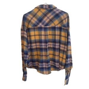 Forever 21 Women's Cropped‎ Flannel Shirt Plaid Button Down Top Yellow Multi M